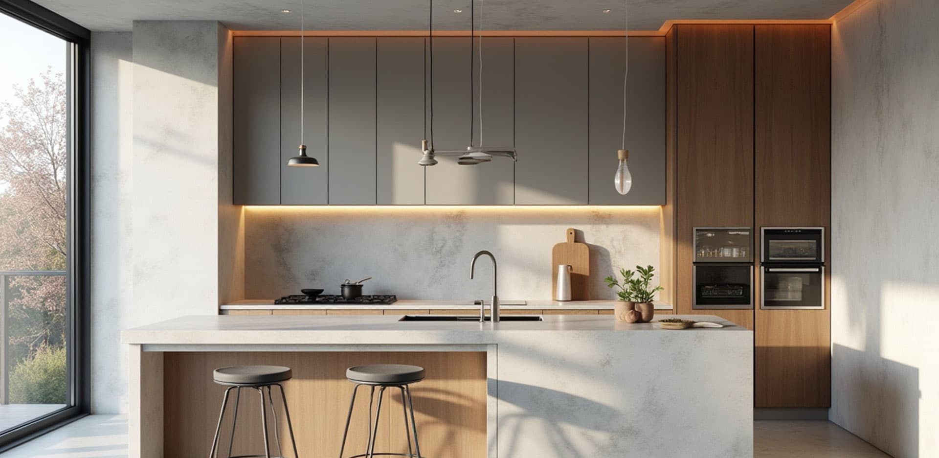 Hero shot from westby4homes.com showing a warmly-lit modern kitchen with marble counters and a wood-paneled island, overlaid with the headline 'Stylish & Functional Kitchens' in serif type.
